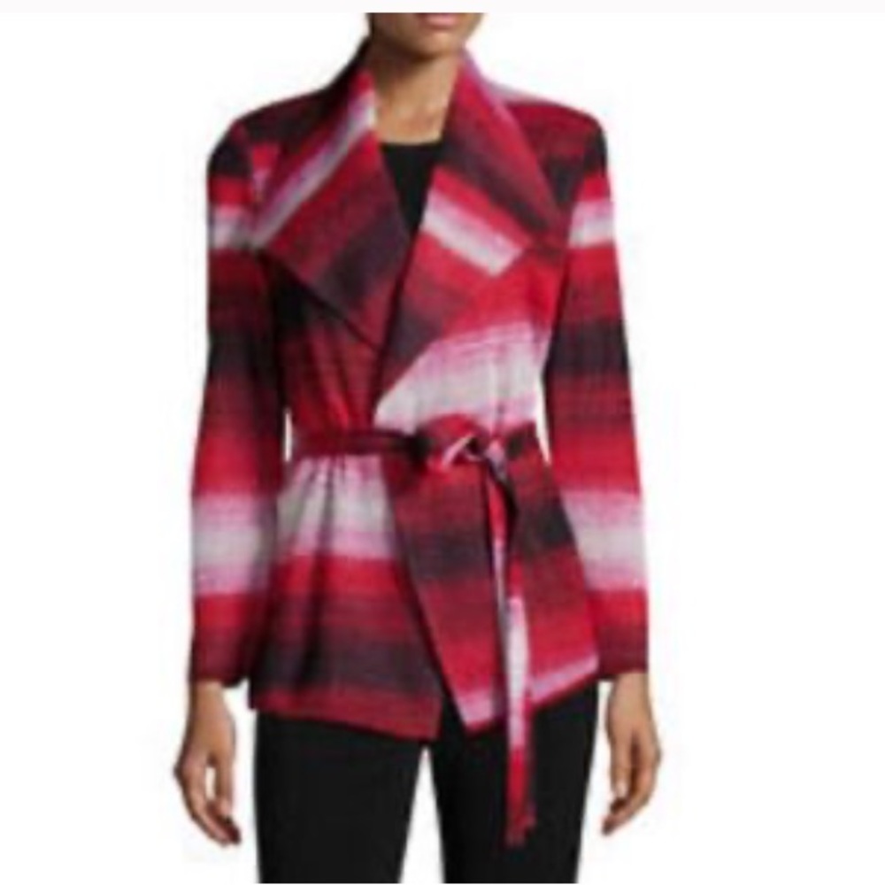 NEW Misook Jacket Shawl Collar Belted Waist Open Jacket  Size XL Black & Red